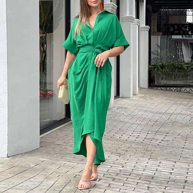 Women's High-Waist Collared Long Shirt Dress