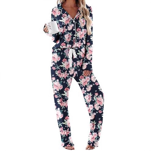 Women's Cuban Collar Star Floral Print Long Sleeve Shirt Set