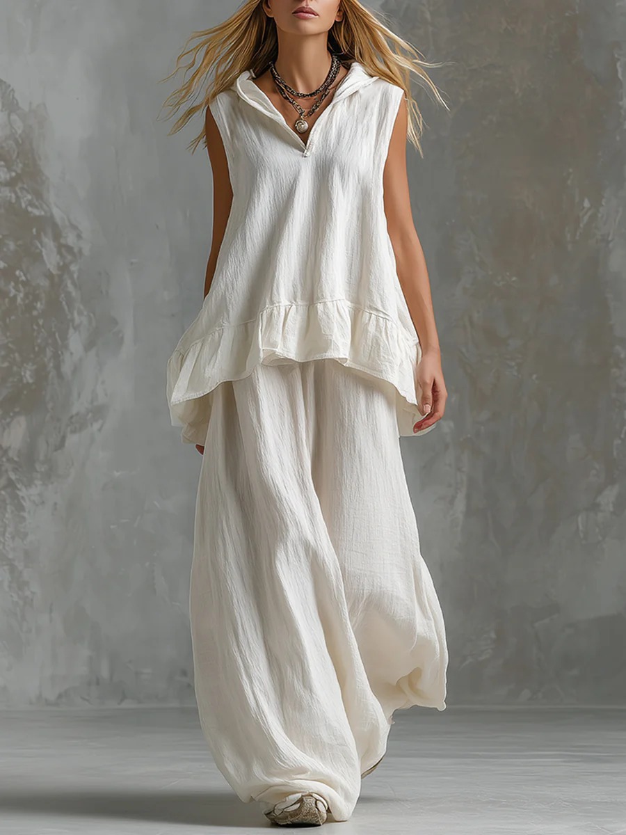 Women's Solid V-Neck Sleeveless Top and Wide-Leg Pants Casual Two-Piece Set