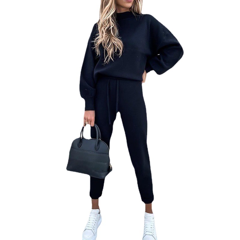 Women's Turtleneck Solid Color Top and Drawstring Pants Two-Piece Sweatsuit Set