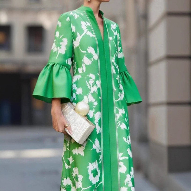 French Puff Sleeve Floral Print Deep V-Neck Green Maxi Dress