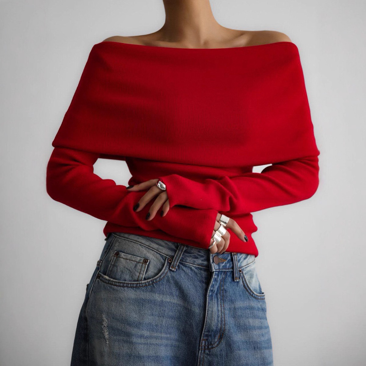 Women's Off-Shoulder Long-Sleeve Knit Top Slim Fit