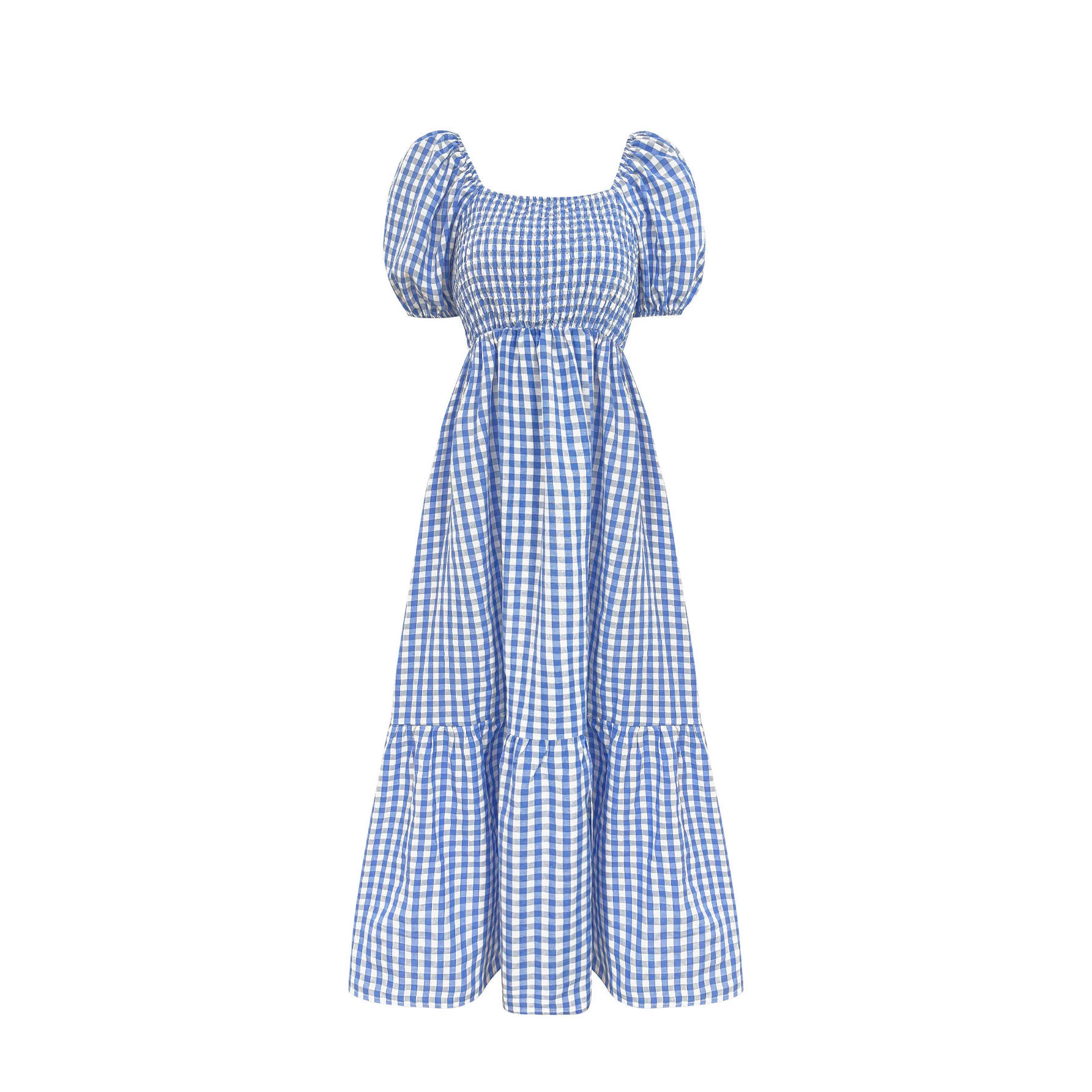 French Cottage Vichy Gingham Puff Sleeve Square Neck High Waist Tiered Midi Dress