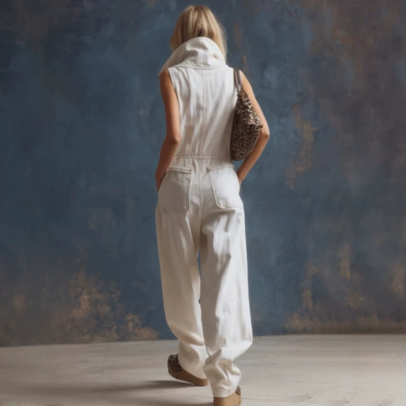 White Sleeveless Denim Jumpsuit Casual Wide-Leg