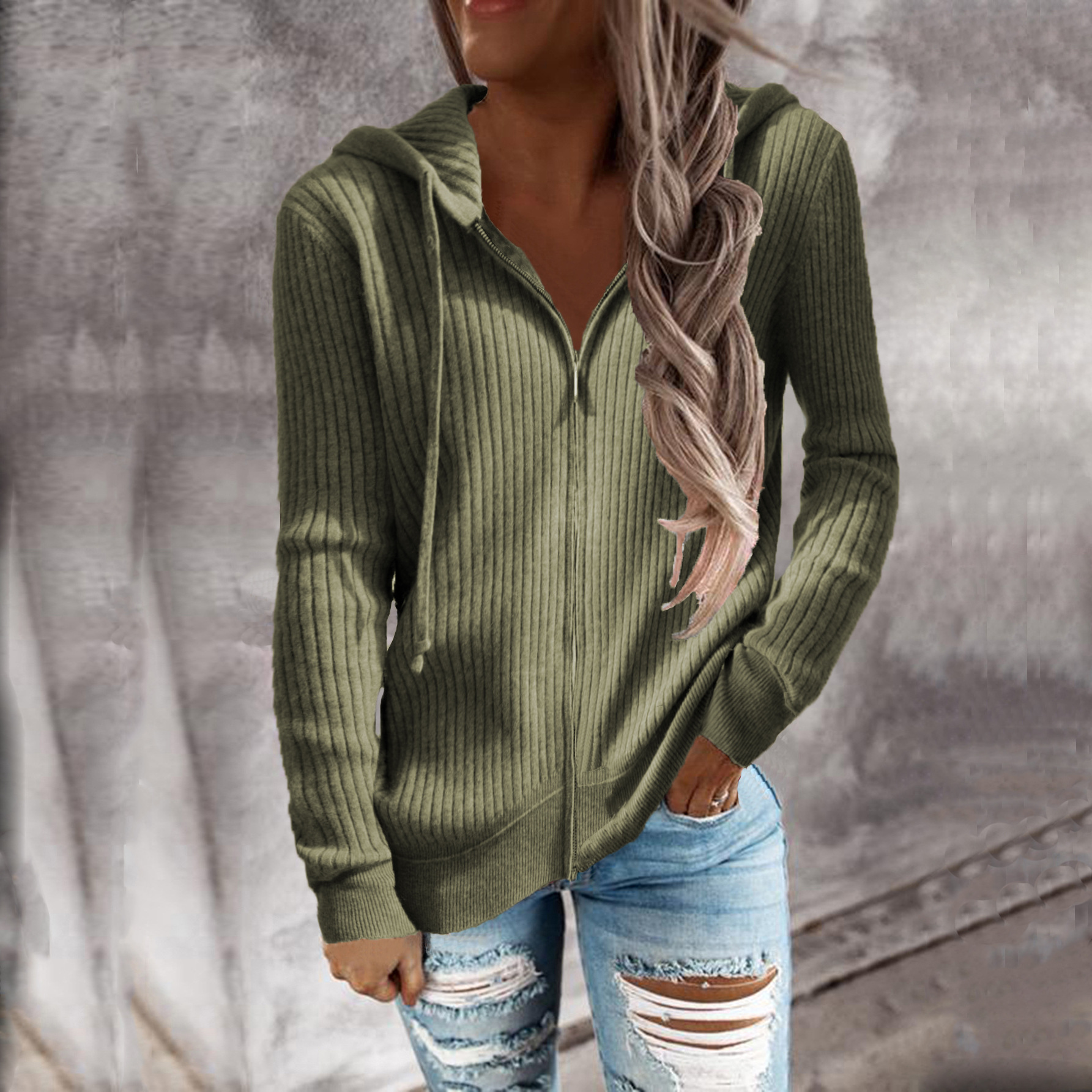 Women's Striped Hooded Zip-Up Knit Cardigan Sweatshirt