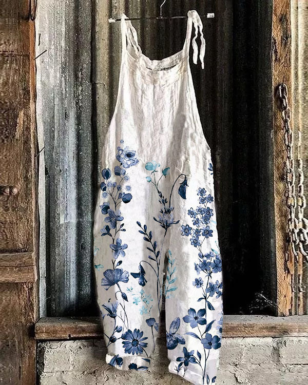 Women's Printed Cotton-Linen Cami Jumpsuit Sleeveless Wide-Leg Beach Romper
