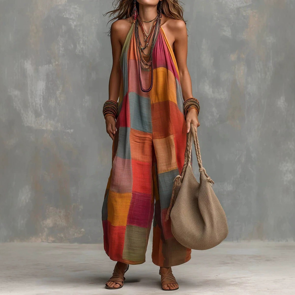 Women's Summer Plaid Print Sleeveless Wide-Leg Jumpsuit