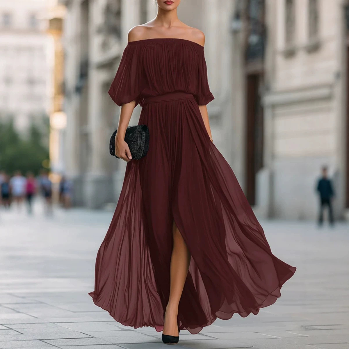 Women's Off-Shoulder Chiffon Maxi Dress Solid Color Waist-Cinched