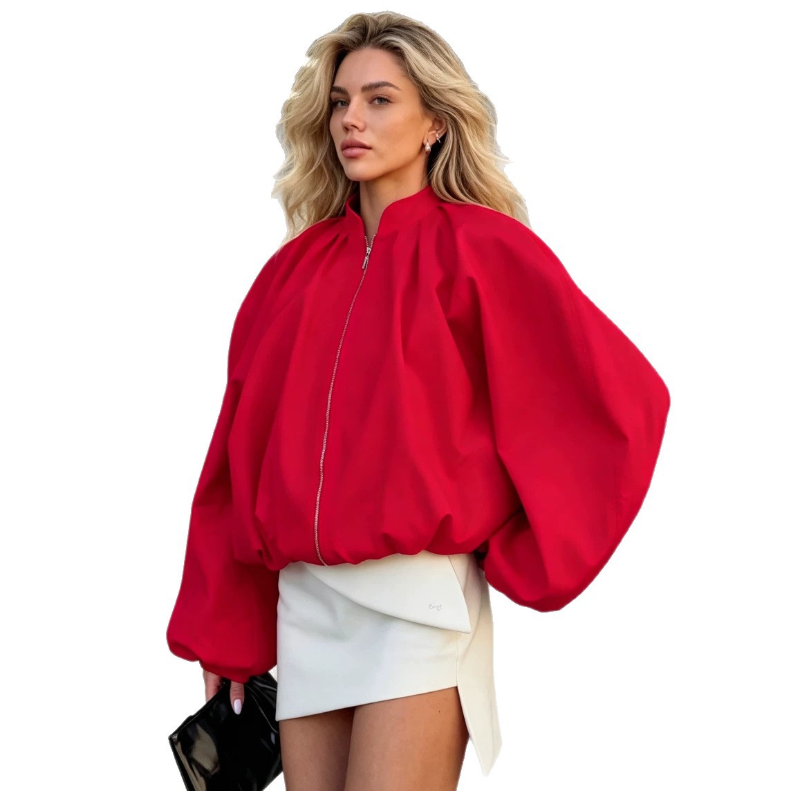 Women's Stand Collar Zip-Up Jacket with Lantern Sleeves