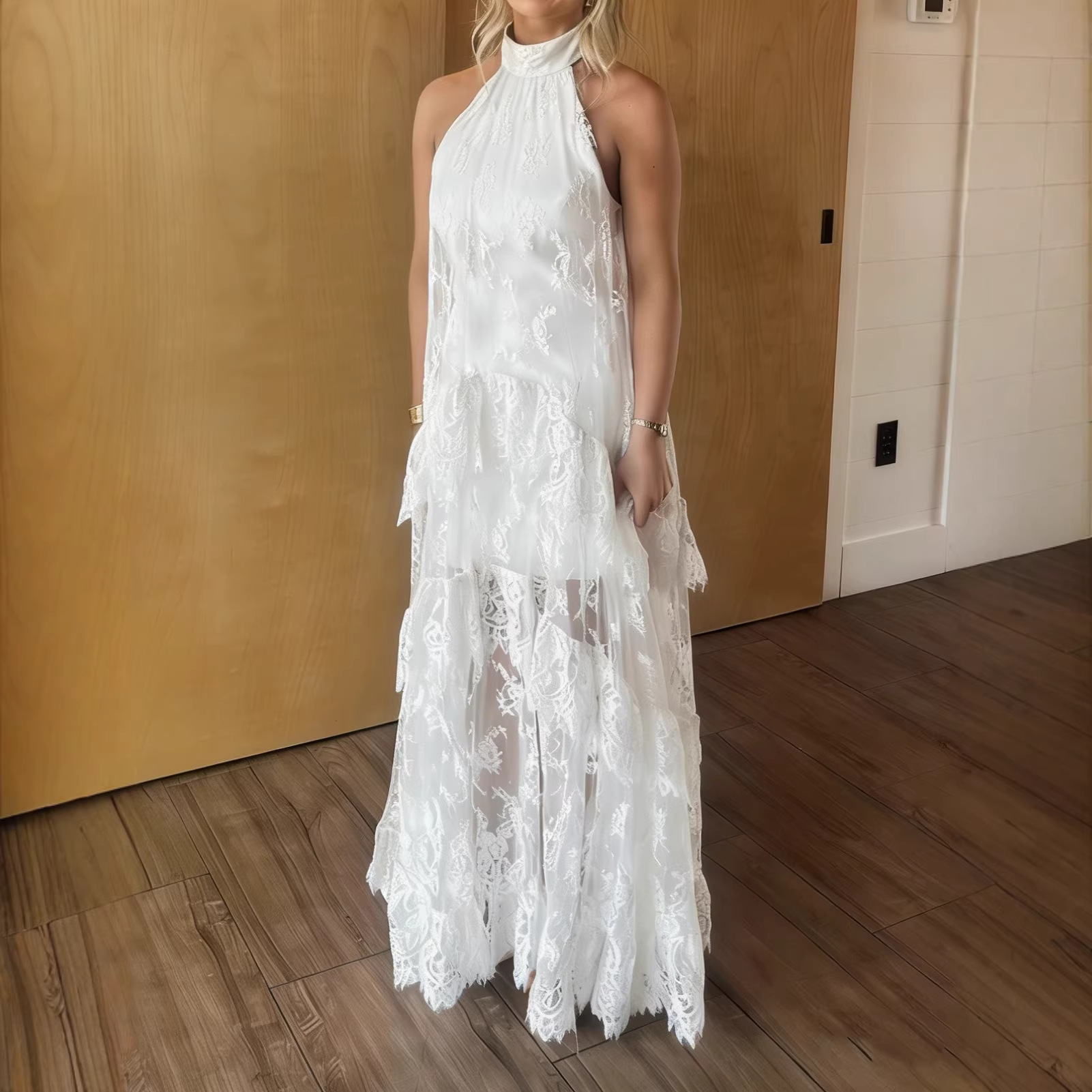 White Lace Halter Neck Sleeveless High Neck Layered Maxi Dress