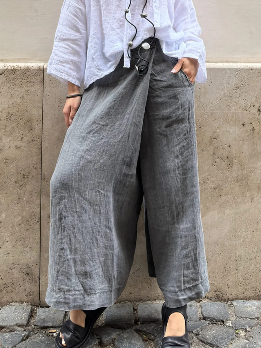 Women's Solid Color Wide-Leg Pants with Pockets and Elastic Waist