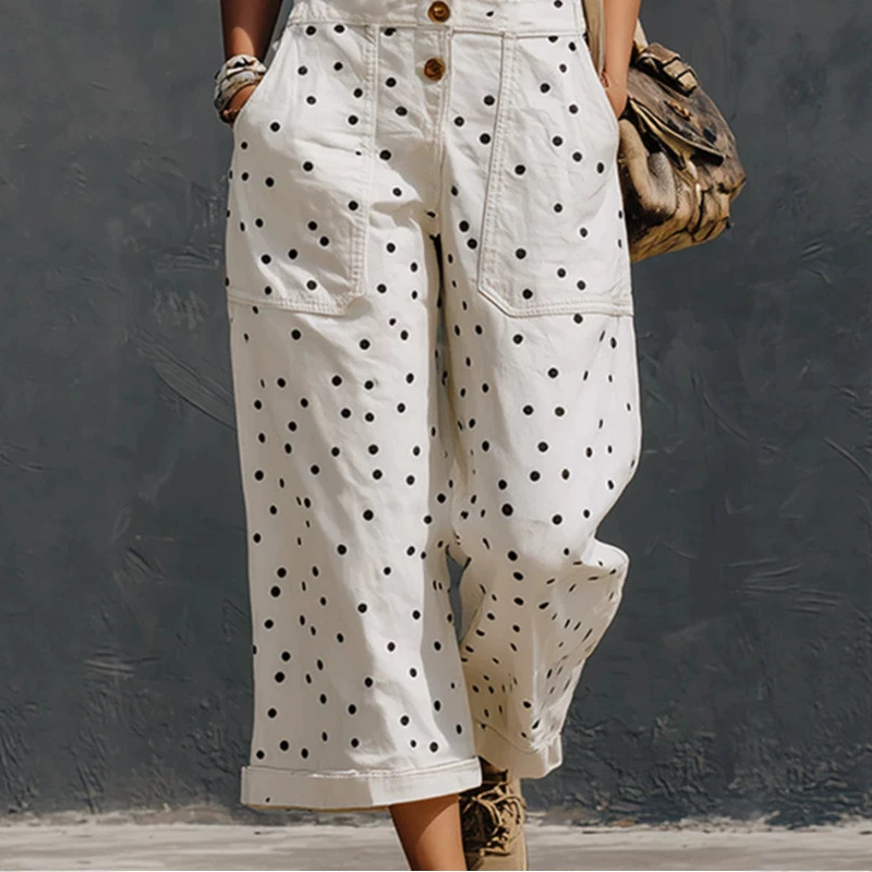 Retro Polka Dot Print White Denim Short Sleeveless Jumpsuit