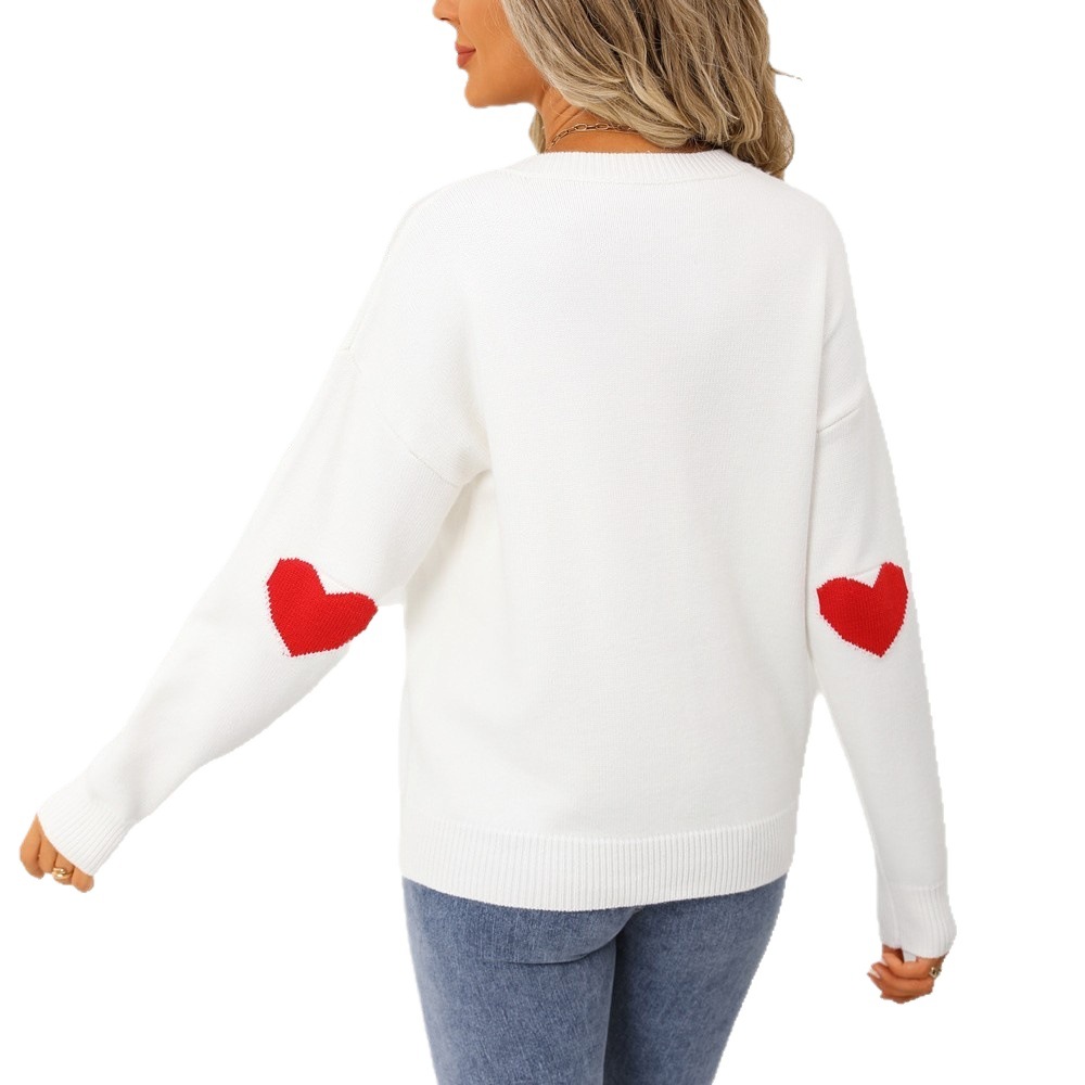 Women's Heart Jacquard Pullover Sweater Crew Neck Long Sleeve