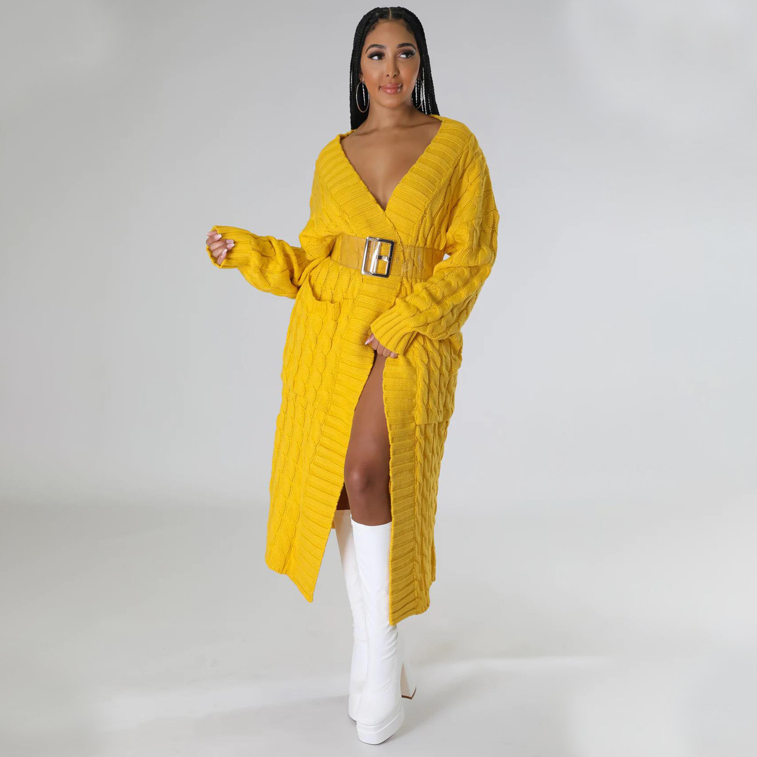 Cable-Knit Open-Front Long Cardigan with Pockets