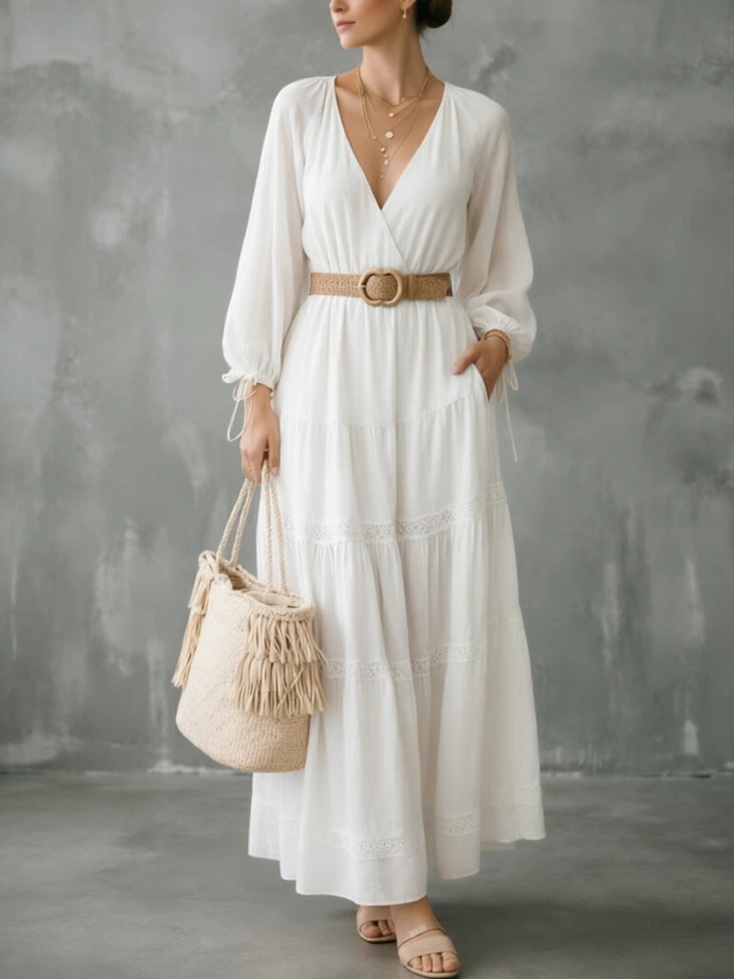 V-Neck Lace Panel Long Sleeve Midi Dress