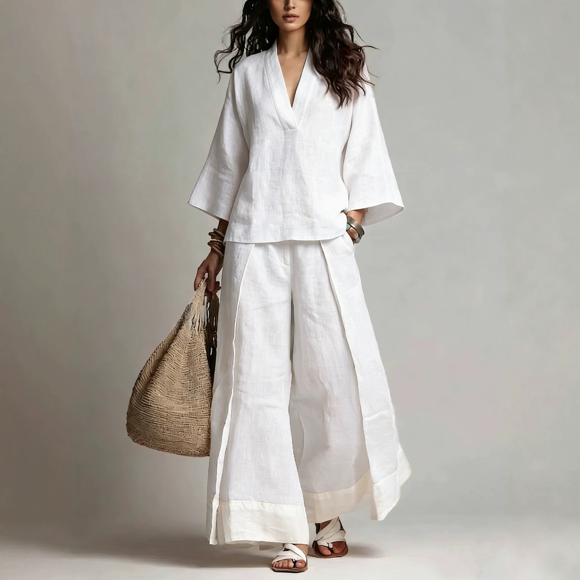 Women's Cotton-Linen French V-Neck 3/4 Sleeve Shirt & Colorblock Wide-Leg Pants Set
