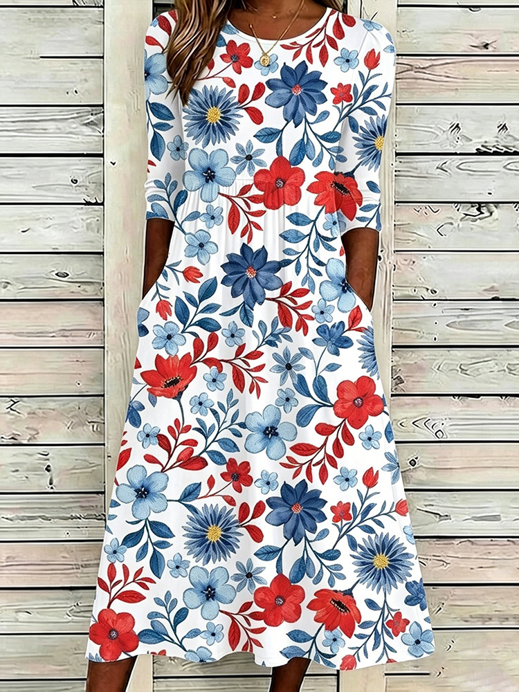 Women's Floral Print Ruched Bodycon Midi Dress Sleeveless Crew Neck