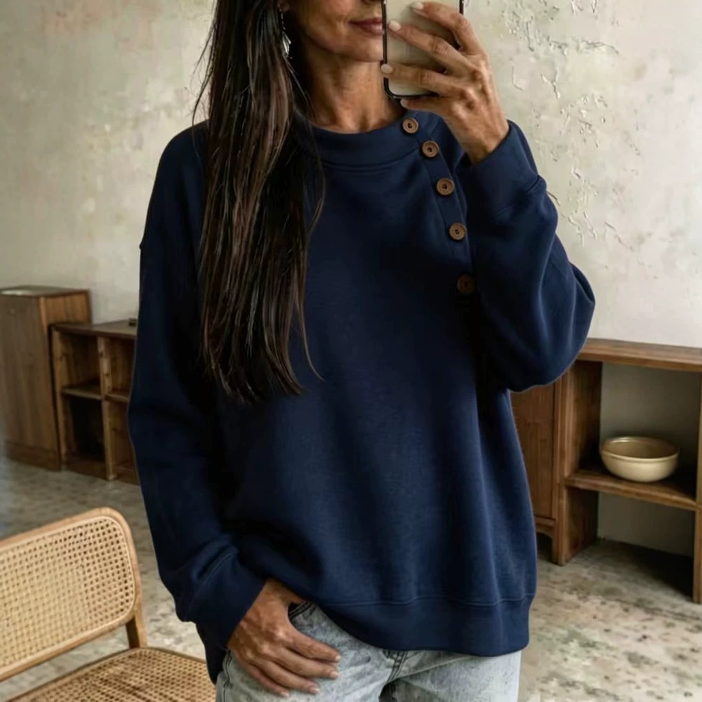 Solid Half-Turtleneck Button-Trim Long-Sleeve Sweatshirt