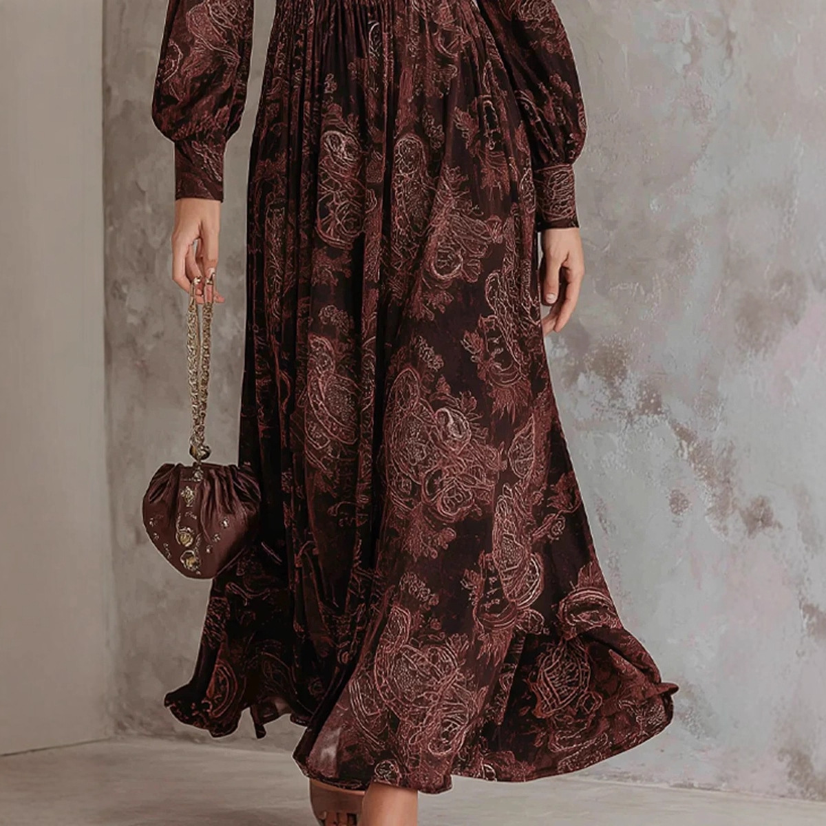 Women's Digital Print Pleated V-Neck Long Dress with Zip Waist