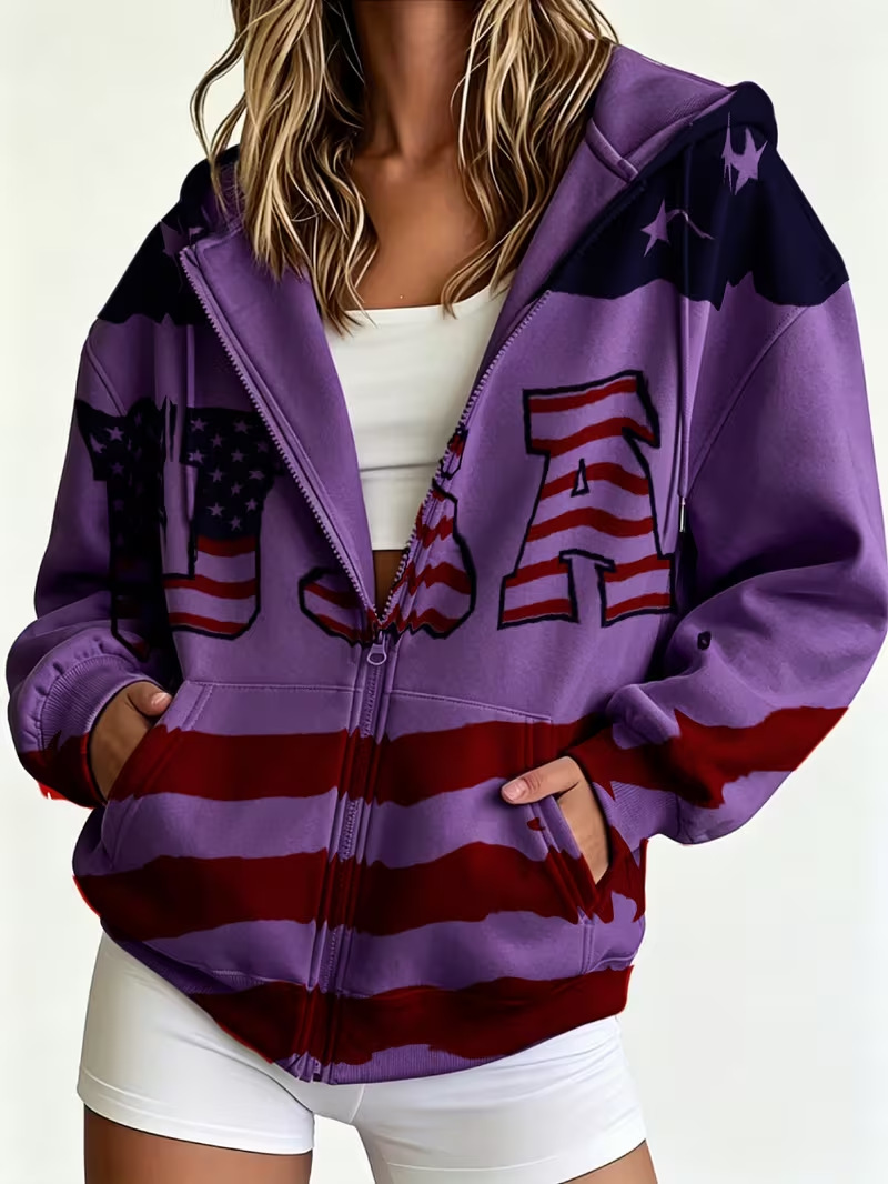 Women's Colorblock USA Flag Striped Zip-Up Hoodie