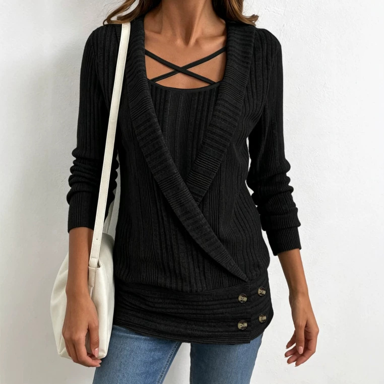 Women's Plus Size Cross Strap Faux Two-Piece Ribbed Knit Long Sleeve Top