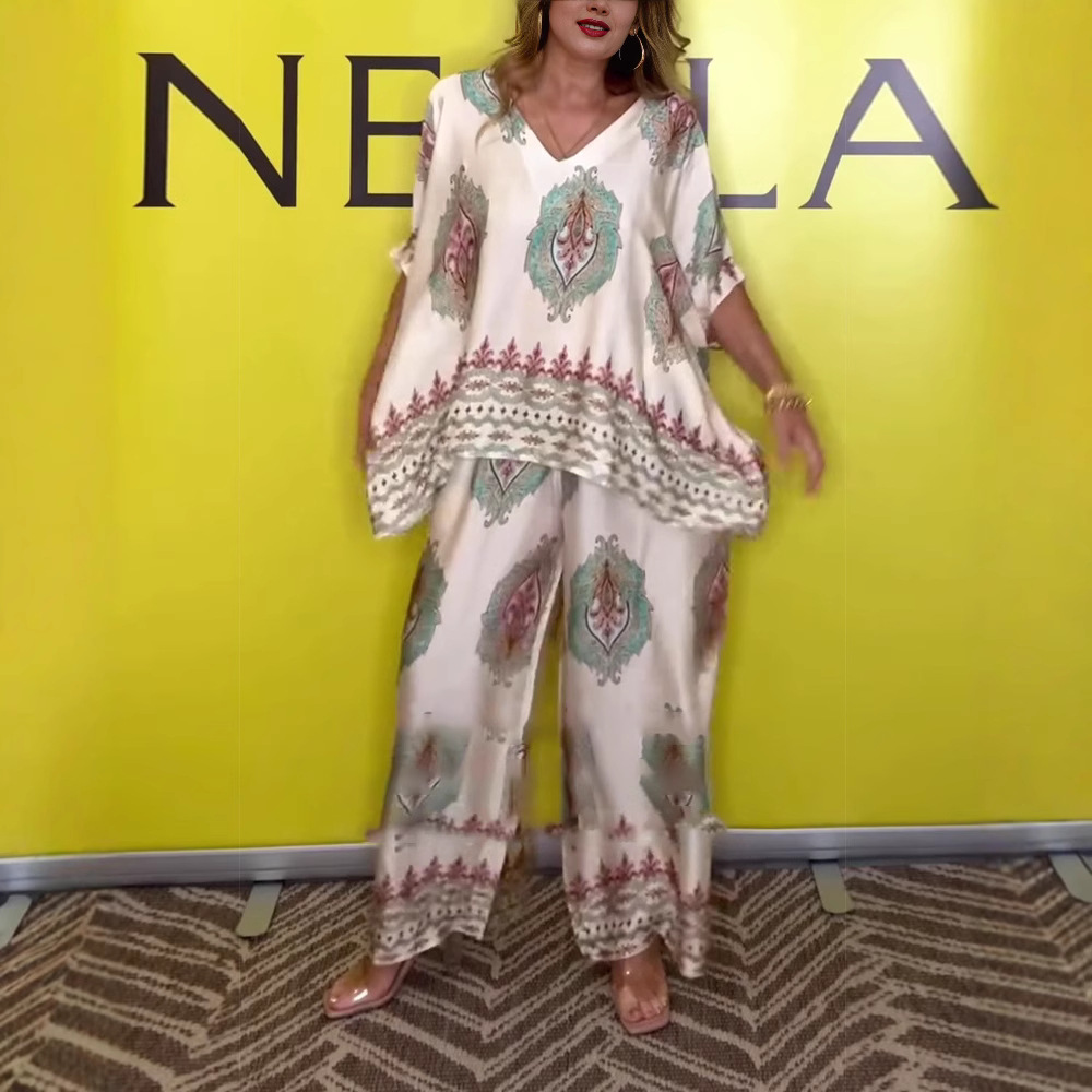 Women's Printed V-Neck Loose Top and Wide-Leg Pants Casual Set