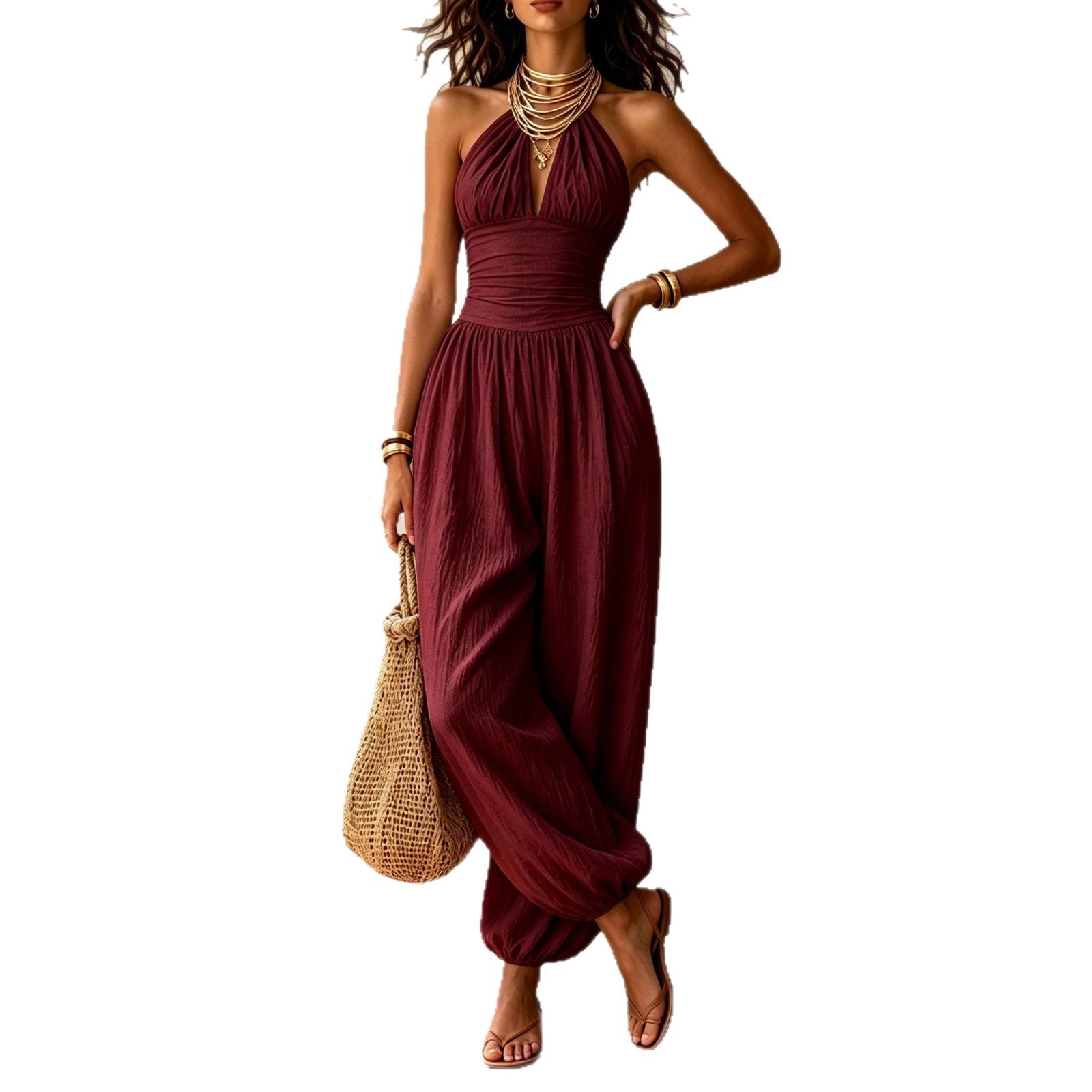 Women's Halter Sleeveless Wide-Leg Jumpsuit Solid Color Loose Long Pants
