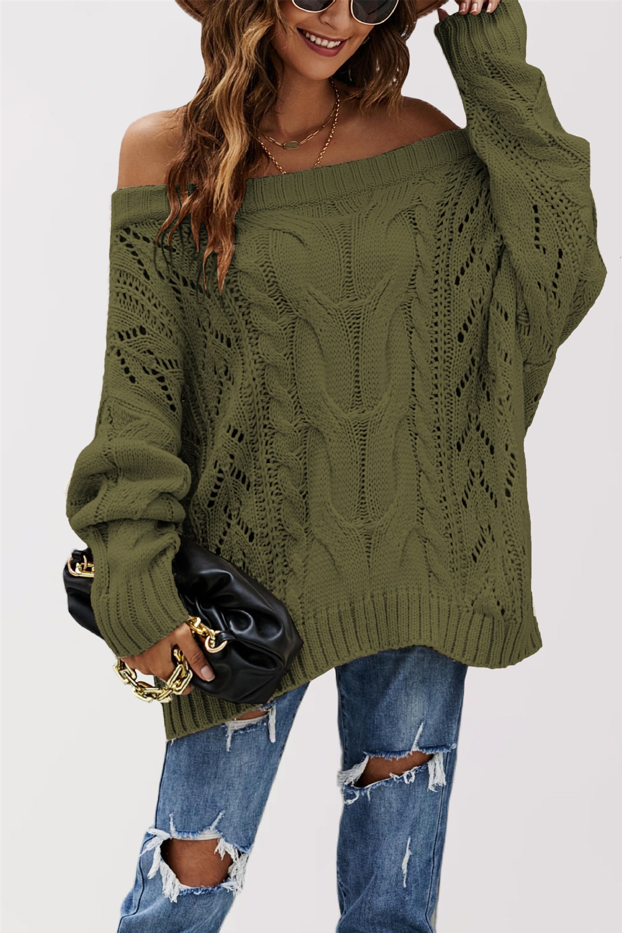 Off-Shoulder Plus Size Loose Knit Sweater Women's Solid Color Pullover
