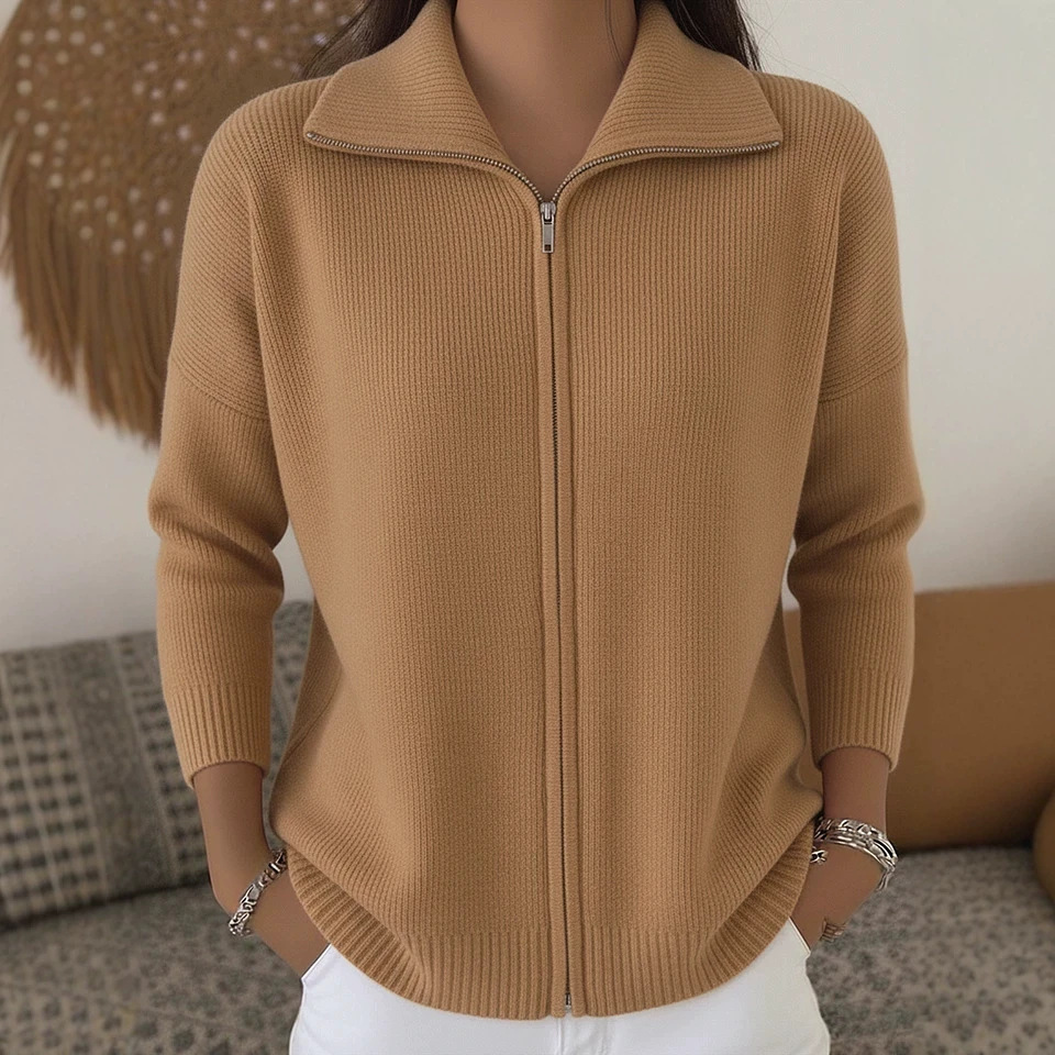 Women's Zip-Up Knit Cardigan Sweater with Collar, Solid Color, Loose Fit