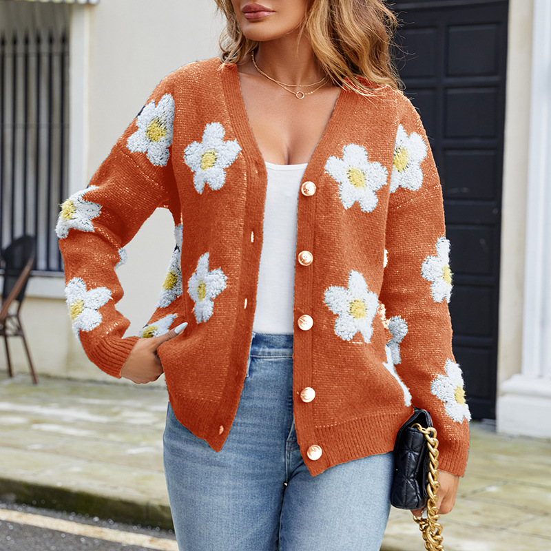 3D Floral V-Neck Knit Cardigan Sweater Coat