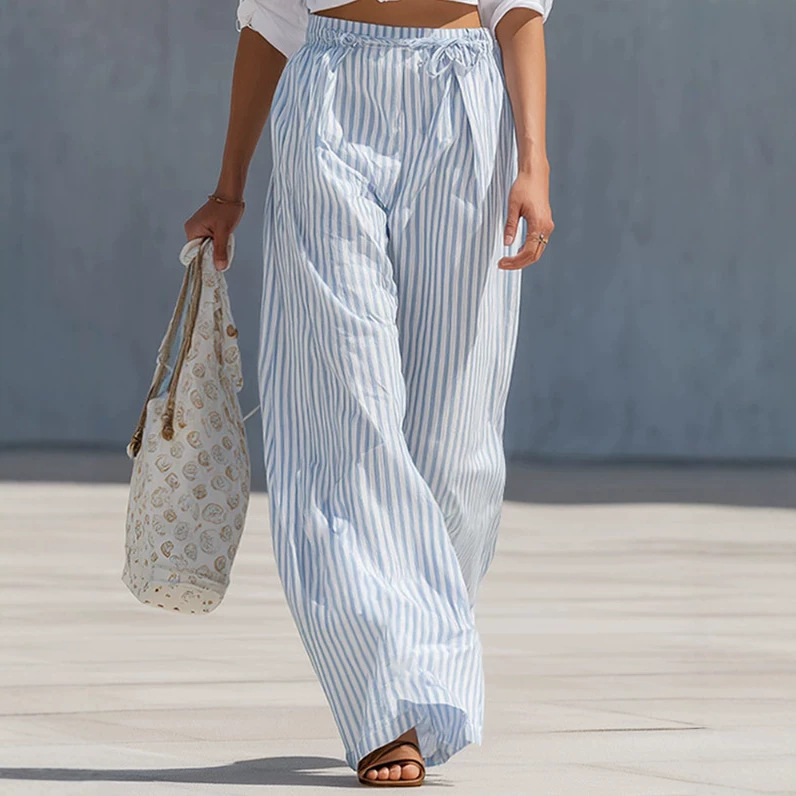 Elegant White Shirt & Blue Striped Wide-Leg Pants Set