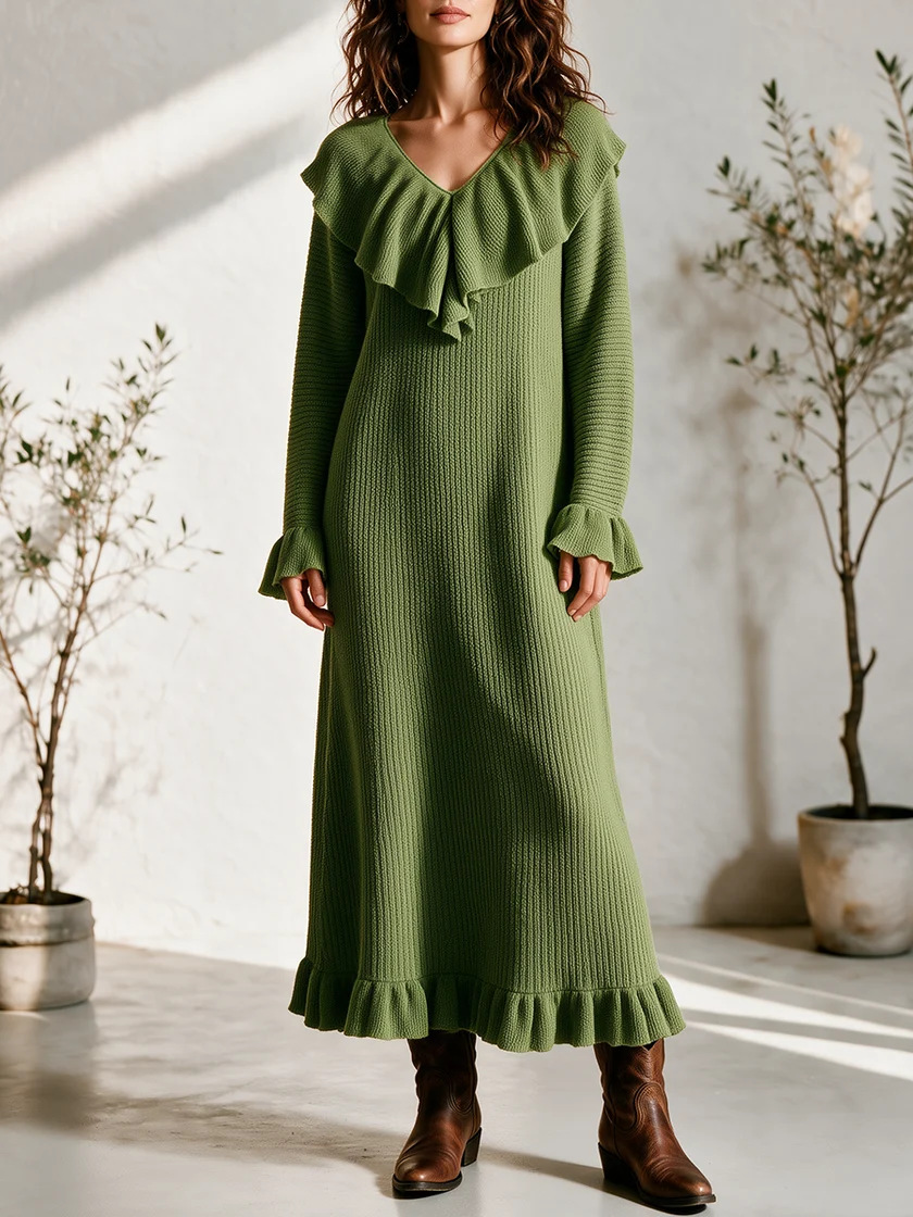 Women's French Style Ruffle Long Sleeve Knit Dress