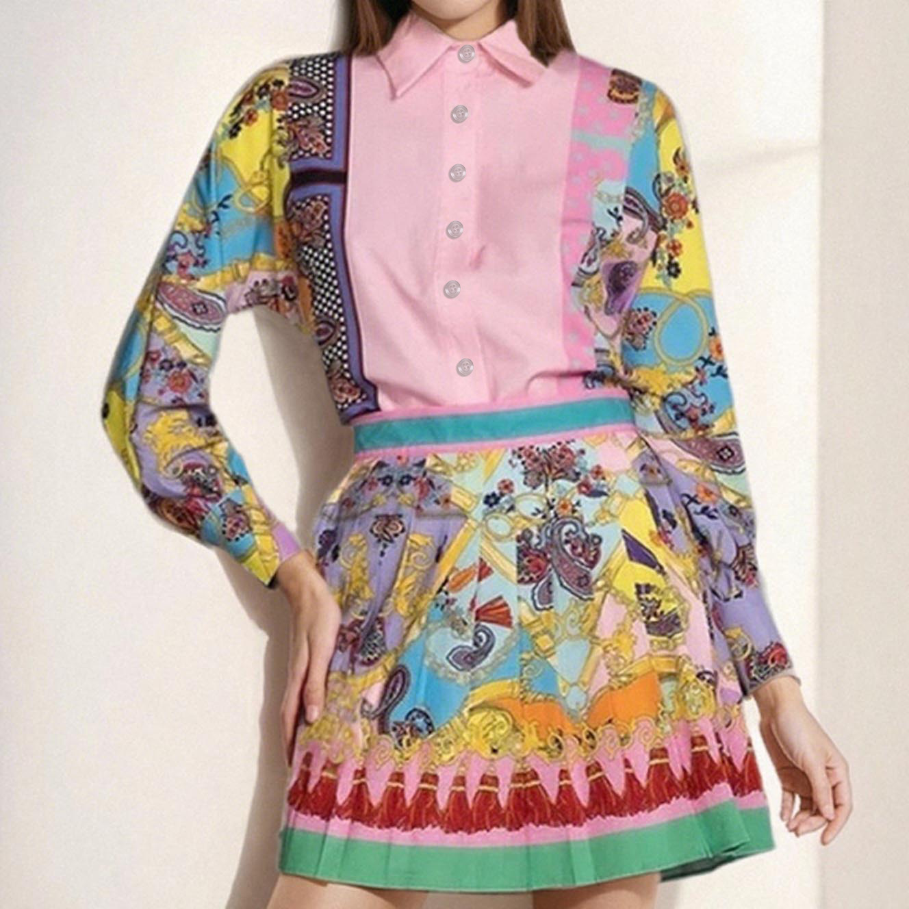 Women's Retro Print Shirt and Pleated Skirt Two-Piece Set