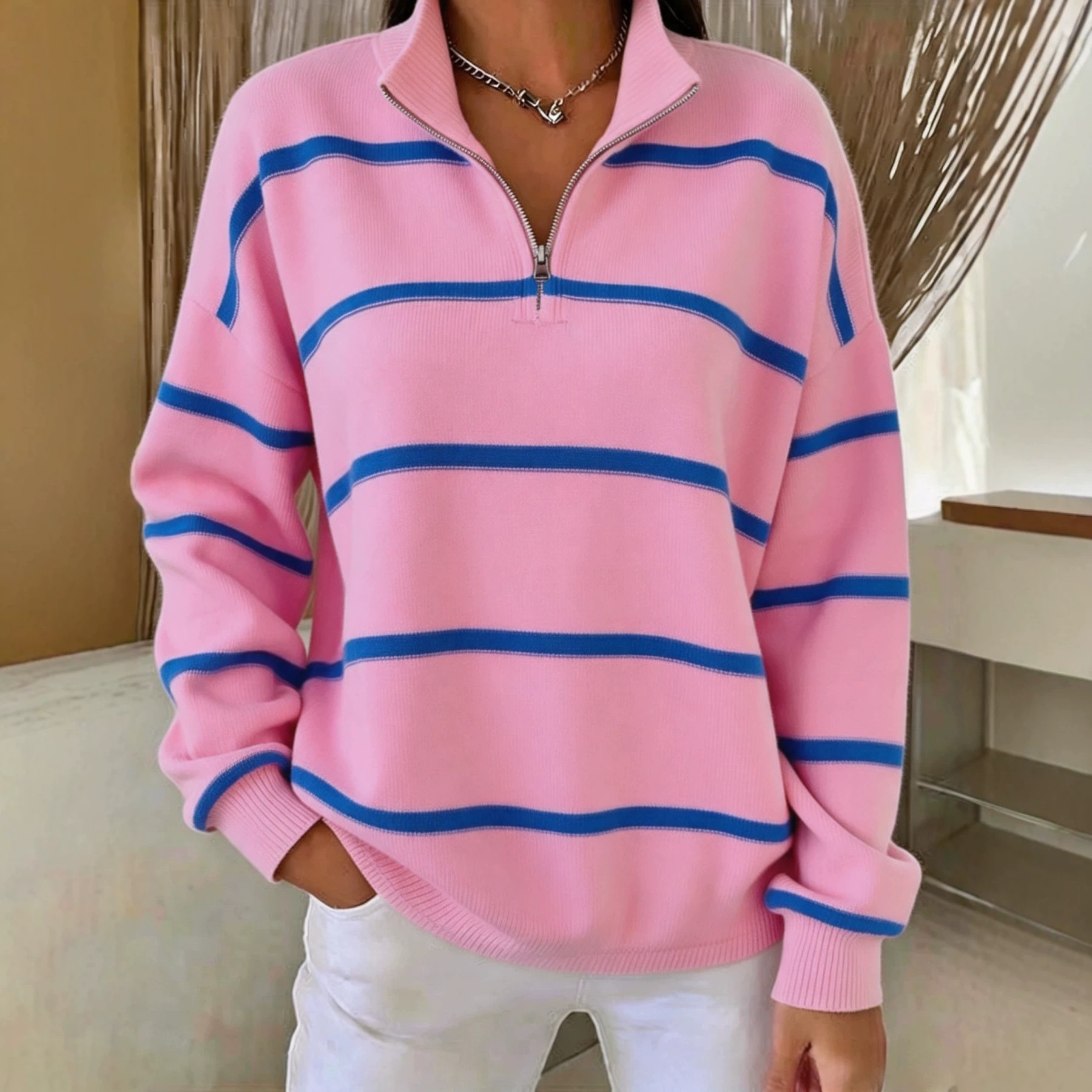 Striped Print Half-Zip Stand Collar Hoodie