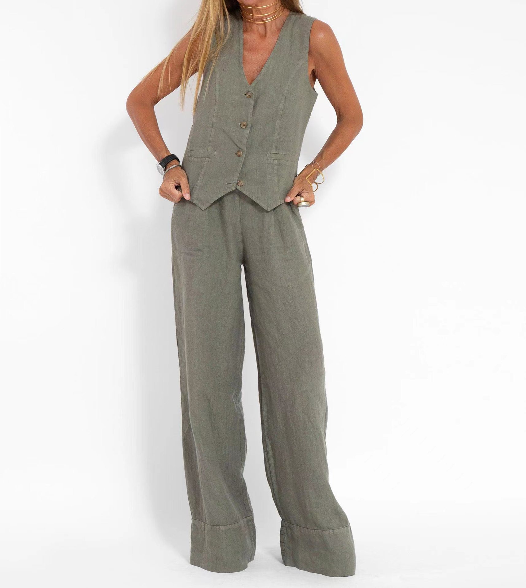 Women's Sleeveless Vest & Pants Set Cotton Linen Patchwork Casual