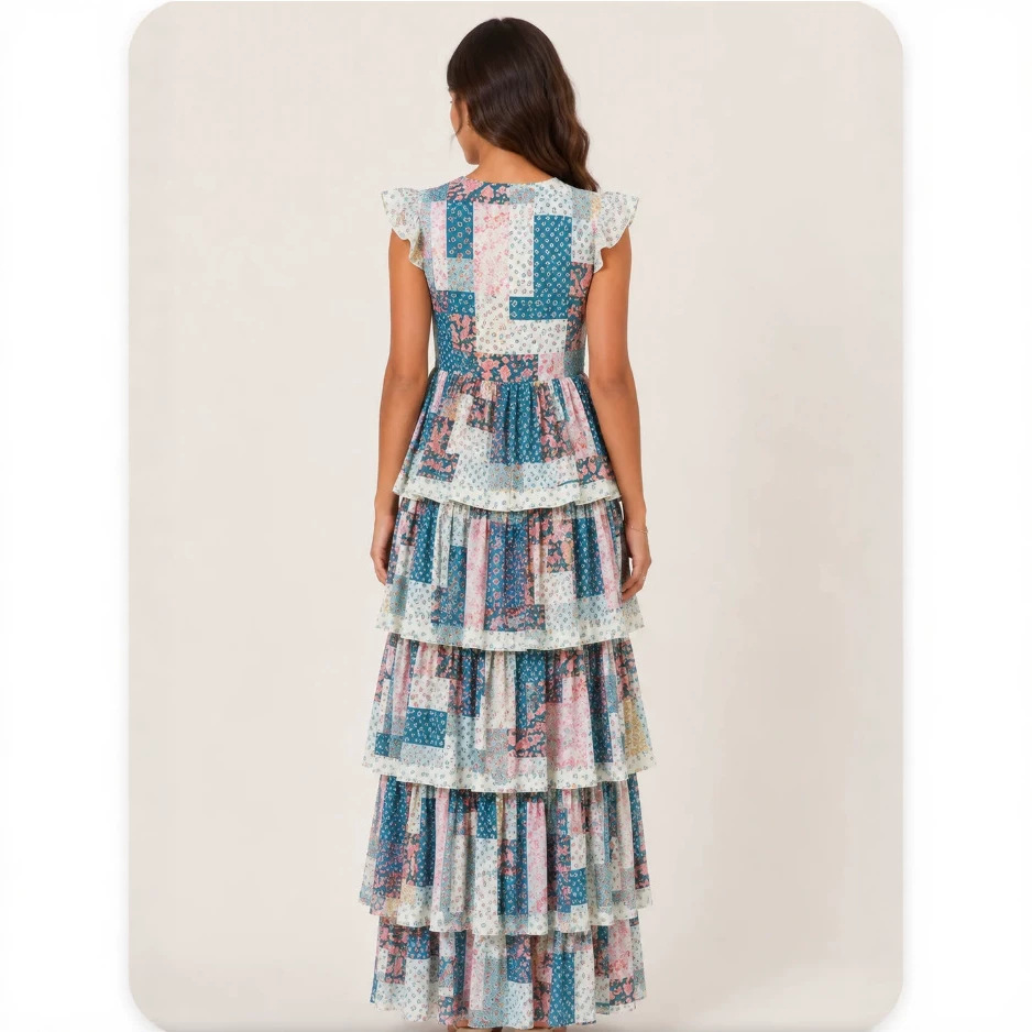 Printed Round Neck Sleeveless Plaid Spliced Tiered Maxi Dress