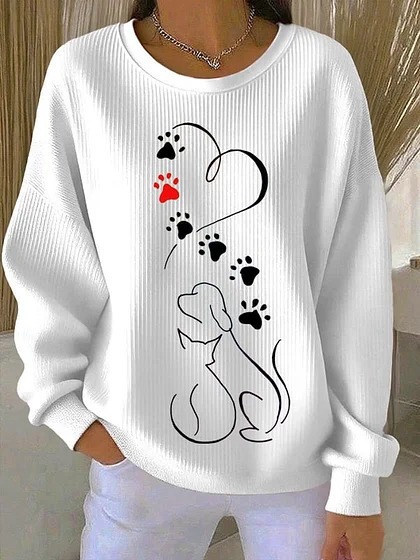 Women's Animal Wine Glass Paw Print Heart Print Crewneck Sweatshirt