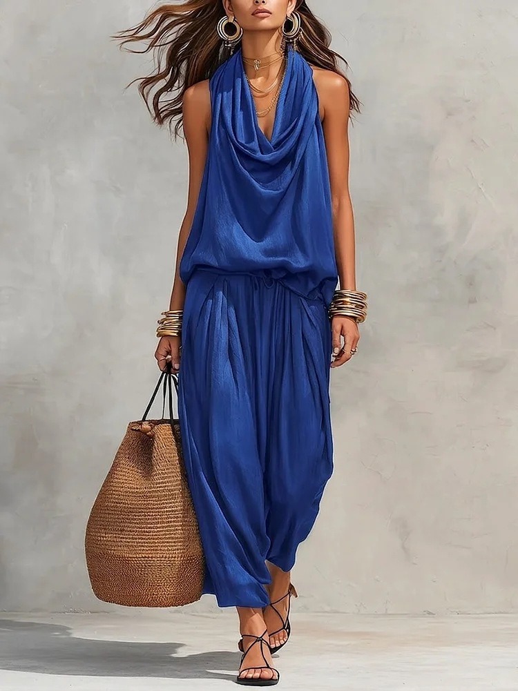 Elegant Draped-Neck Tank Top and Pants Set