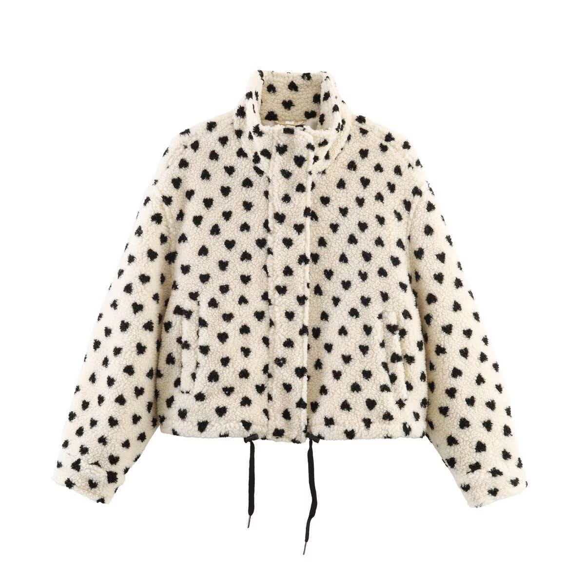 Polka Dot Fleece Zip-Up Jacket with Pockets