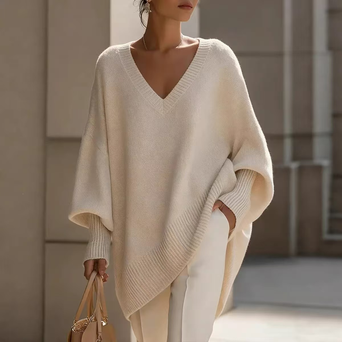 Solid V-Neck Lantern Sleeve Loose Knit Sweater for Women