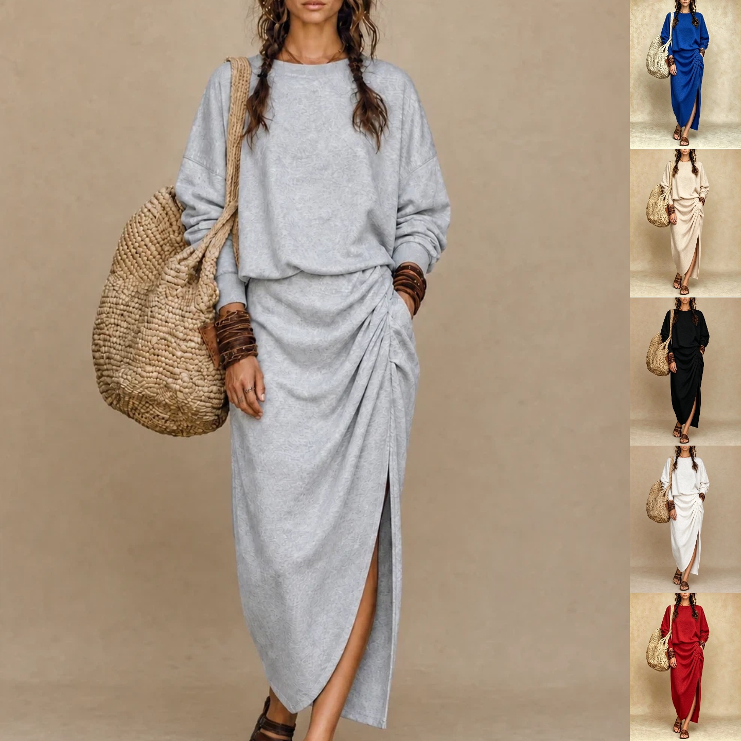 Women's Long Sleeve Crewneck Ruched Slit Knit Loose Casual Dress