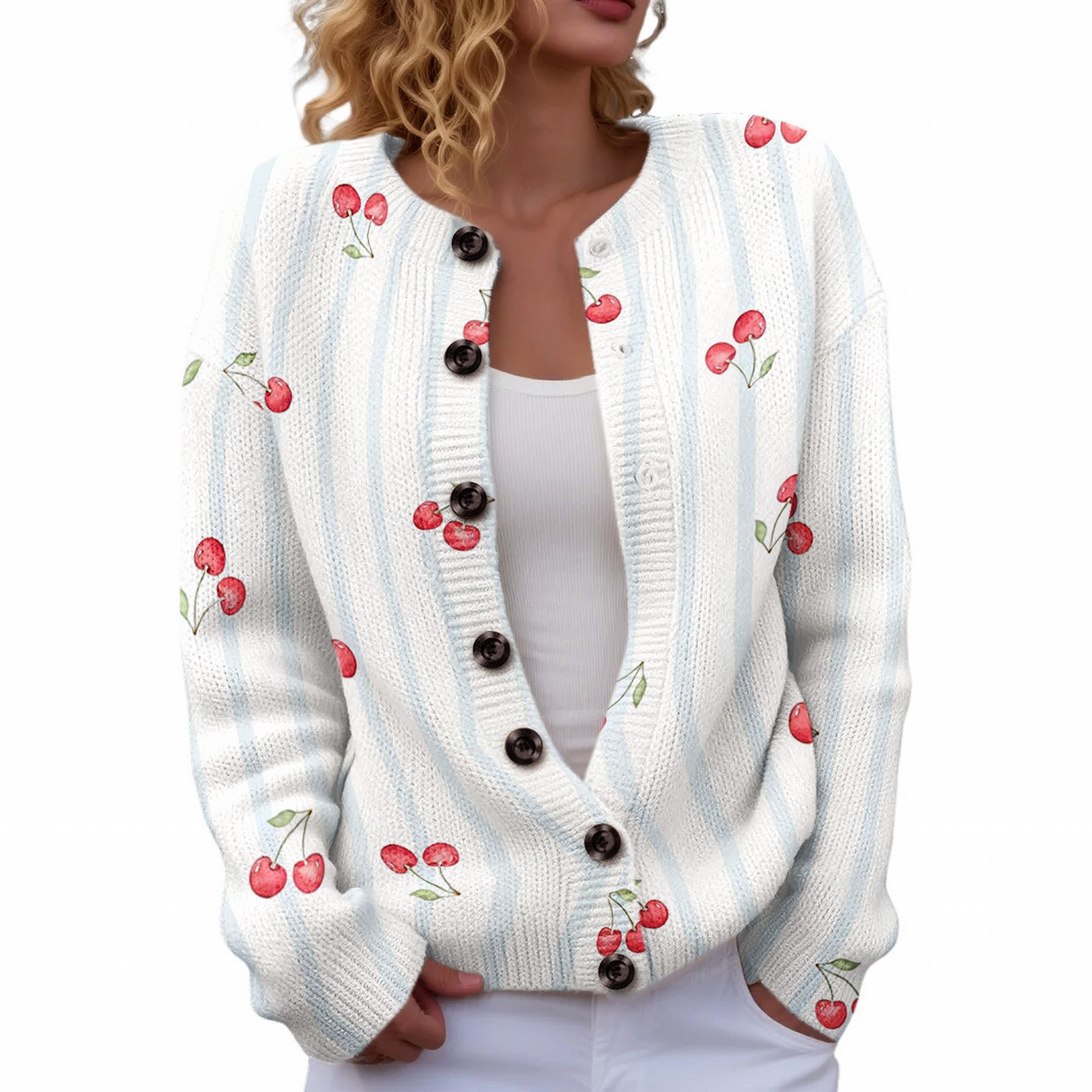 Women's Heart Ribbon Bow Cherry Print Cardigan