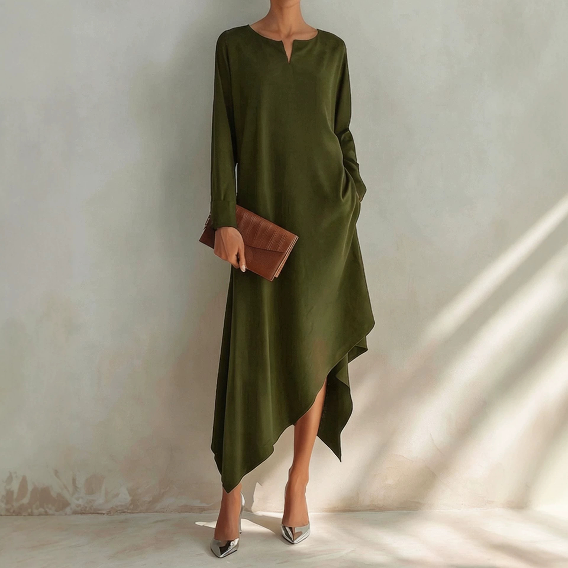 Solid V-Neck Asymmetrical Hem Cotton-Blend Midi Dress