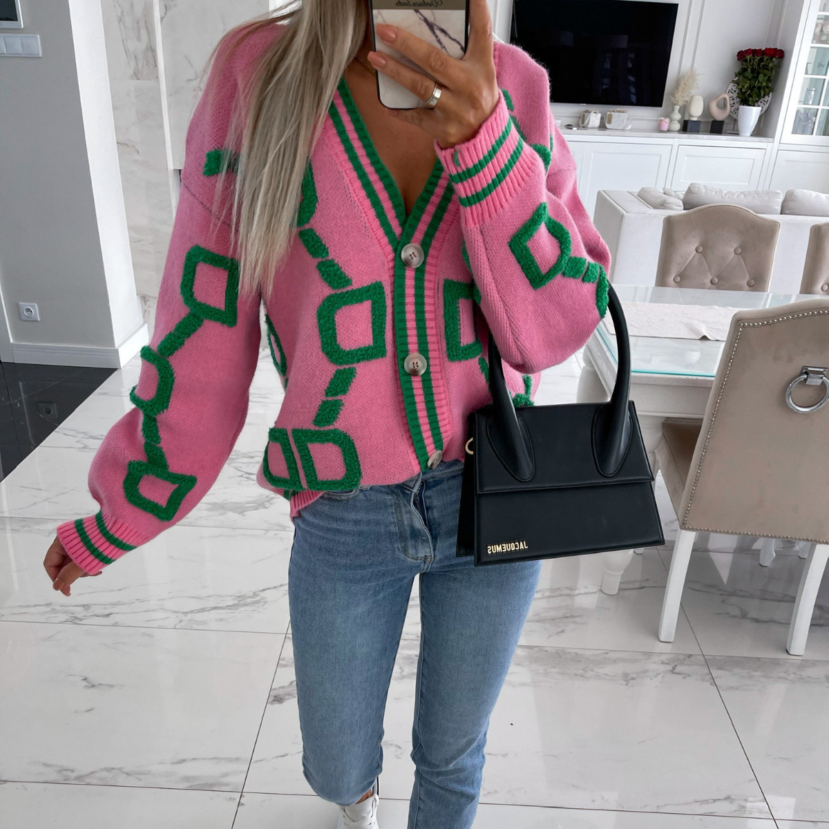 Women's Color-Block V-Neck Button-Up Knit Cardigan Sweater