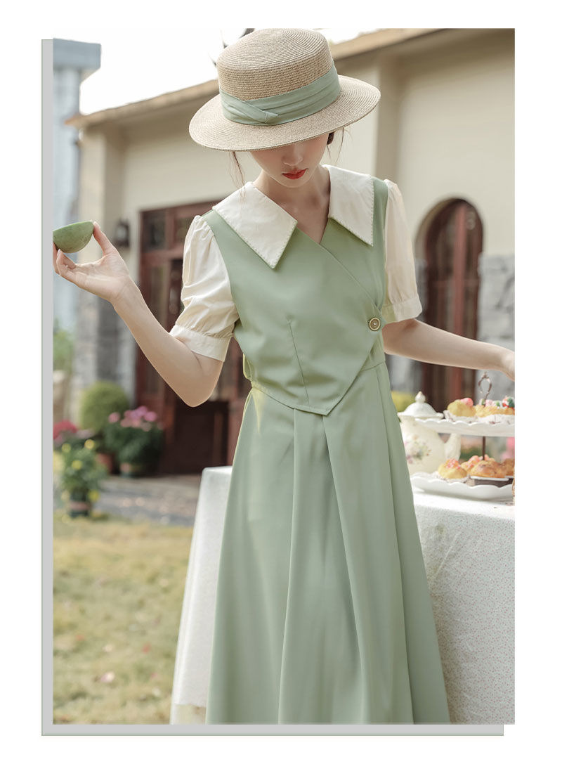 French Vintage Faux Two-Piece Green Midi Dress with Polo Collar and Puff Sleeves