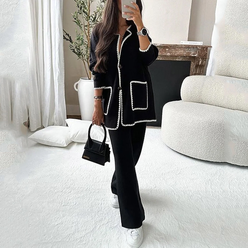 Women's Casual Solid Color Two-Piece Pants Set Long Sleeve