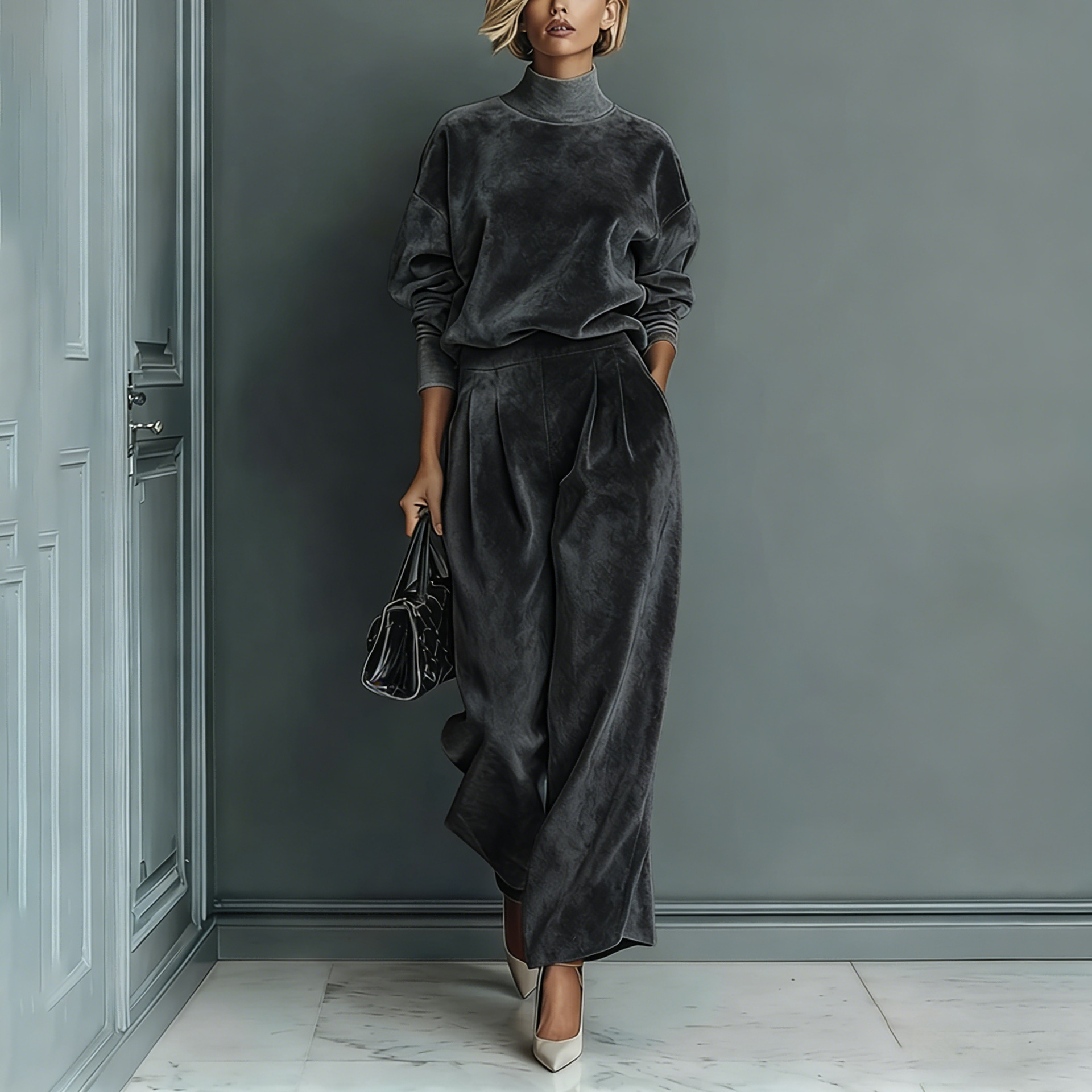 Women's Knit Long-Sleeve Top & Wide-Leg Pants Two-Piece Set