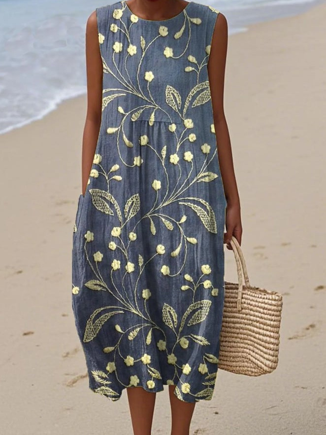 Floral Print Sleeveless Round Neck Loose Midi Dress