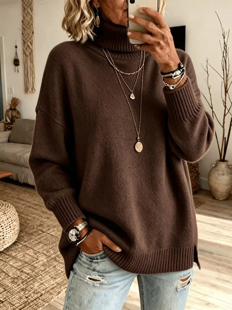 Women's Lazy Pure Color Elegant Slit Loose Turtleneck Knit Sweater