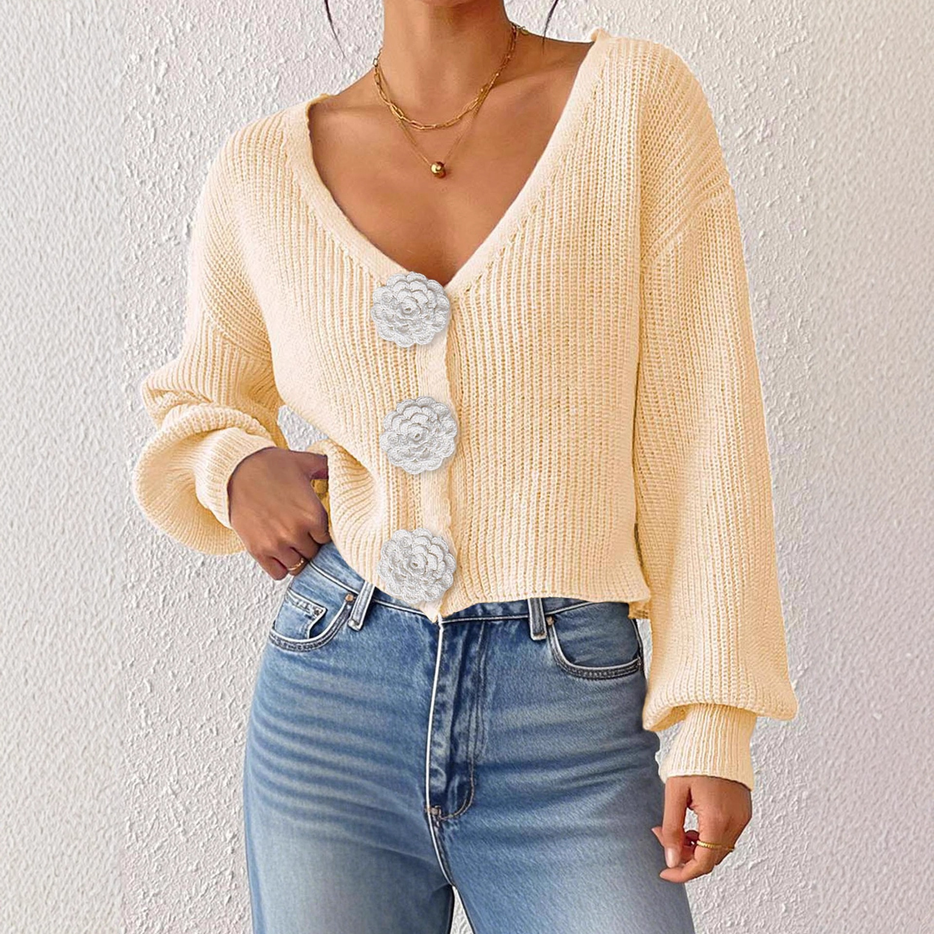 Women's Cropped Cardigan Sweater with Hand-Crocheted Floral Appliqué and Button Front